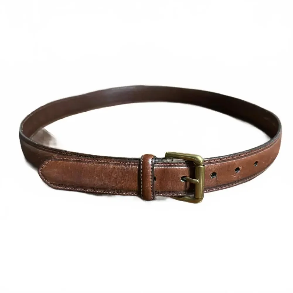 Vintage Tommy Hilfiger Leather Belt 38 Brown Solid Brass Gold Tone Buckle Logo